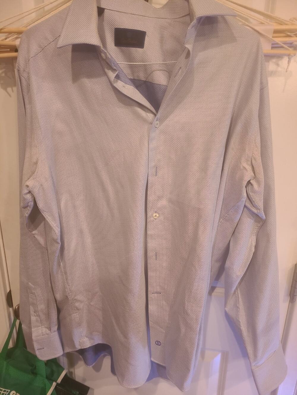 David Donahue Dress Shirt Men's 17.5 34/35 Light Blue Check 100% Cotton Oxford
